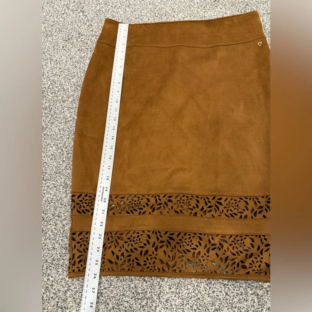 Thalia Sodi Tan Faux Suede Pencil Skirt with Stunning Unique Cutout Hem Size L